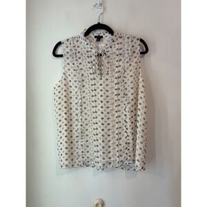 Ann Taylor Sleeveless Ruffle Blouse High Neck Keyhole Medium Floral Metallic NEW